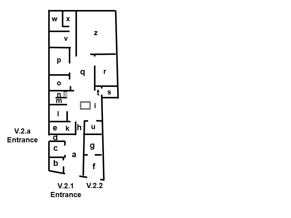 V.2.1 plan based on Bdi 1885. The room numbers are those referred to in BdI some of which may also be referenced on pompeiiinpictures.

See Bullettino dell’Instituto di Corrispondenza Archeologica (DAIR), 1885, p. 157.